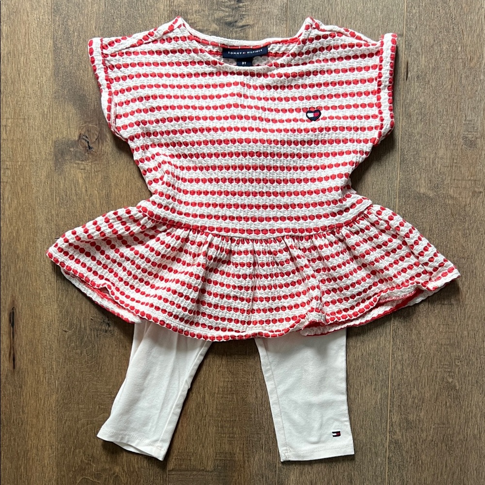 EUC 3T Tommy Hilfiger polka dot Peplum Top with cropped Leggings